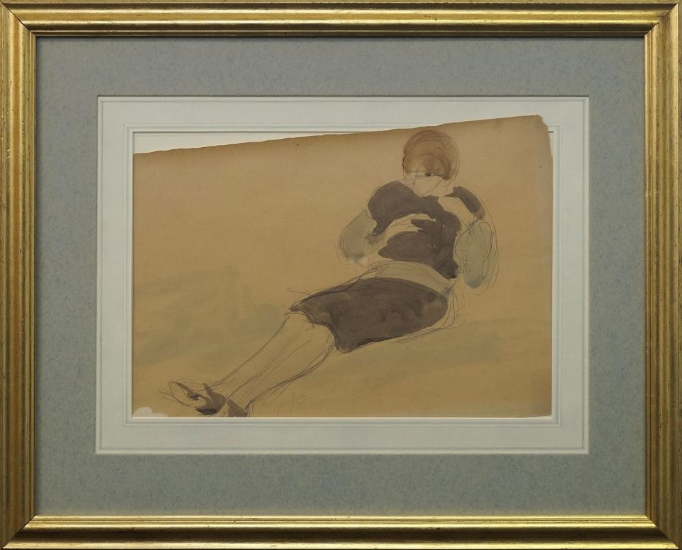 Artwork by Imre Goth, Study of a lady reclining full-length, Made of watercolour over pencil on buff paper