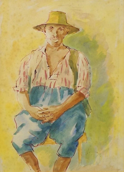Portrait of a gentleman full-length seated, wearing a wide brimmed hat by Guy Roddon