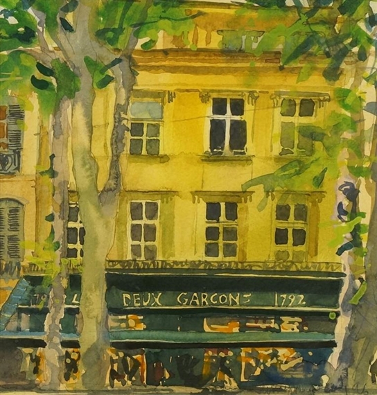 A watercolor painting of a yellow building with a green awning, framed by trees.