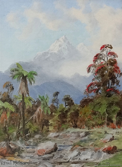 A watercolor landscape painting of a tropical riverbank with a snow-capped mountain in the distance.
