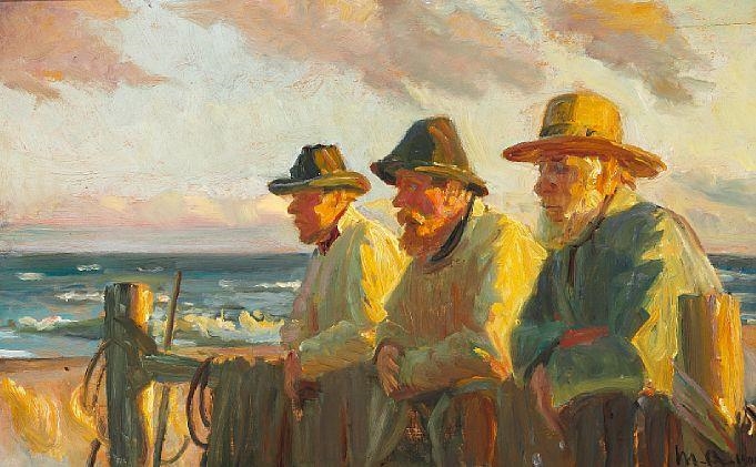 Michael Peter Ancher | Four fishermen in a boat at sea off Skagen (1903