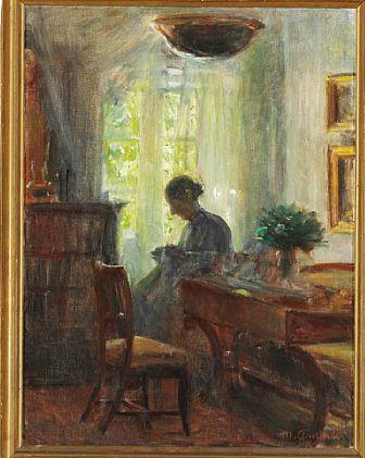 Interieur from the artist's home.  Anna Ancher at her needlework by Michael Peter Ancher, 1915