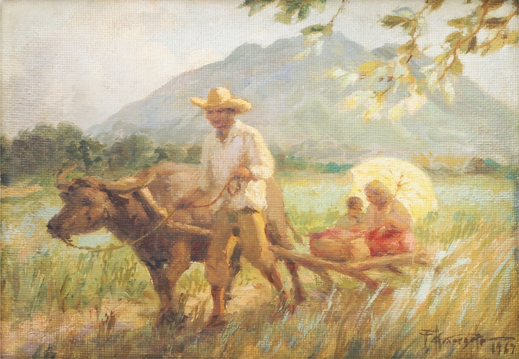 Artwork by Fernando Amorsolo, Bullock Cart, Made of oil on masonite board