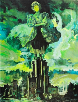 A surreal painting of a figure holding a large, smiling face amidst a ruined cityscape.