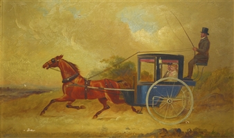 A CAB DRAWN BY A CHESTNUT HORSE IN A LANDSCAPE - W. Gibbons