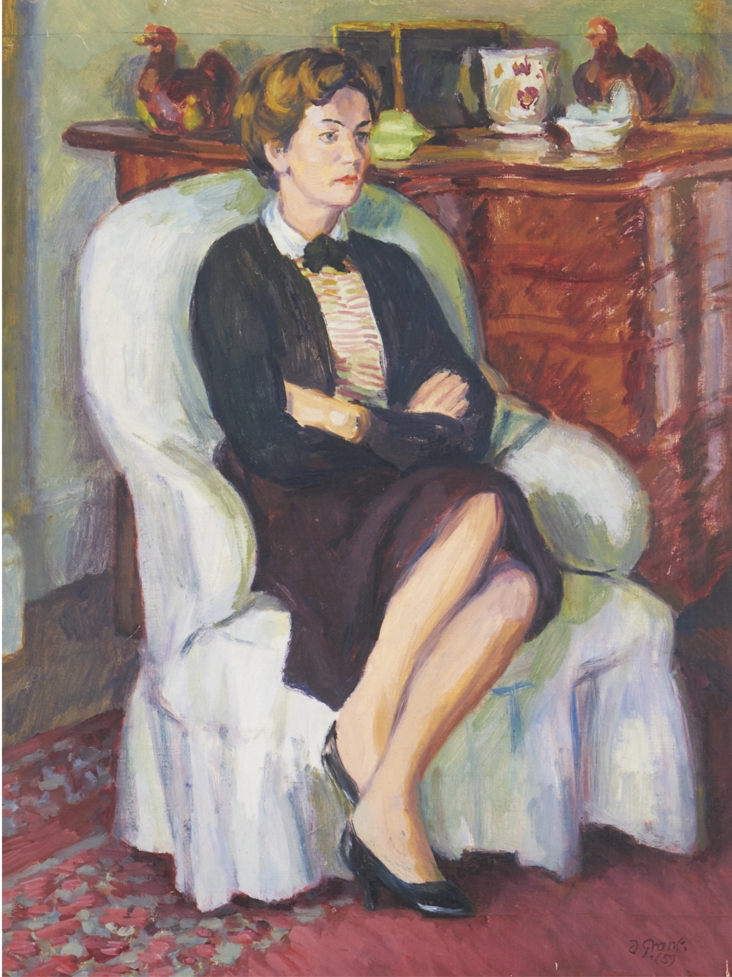 PORTRAIT OF THE DUCHESS OF DEVONSHIRE, SEATED IN AN INTERIOR by Duncan Grant, 1959