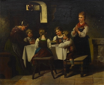 Genre Scene of Women and Children at Dining Table - R. Gould