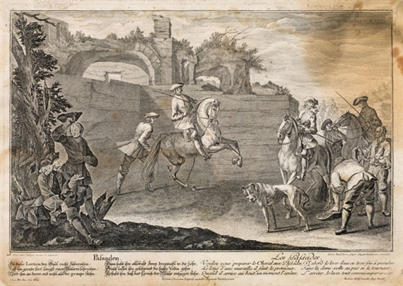 Neue Reitkunst" (6 Blätter), Augsburg, Johann Christian Leopold / Jeremias Wolff by Johann Elias Ridinger, 1740