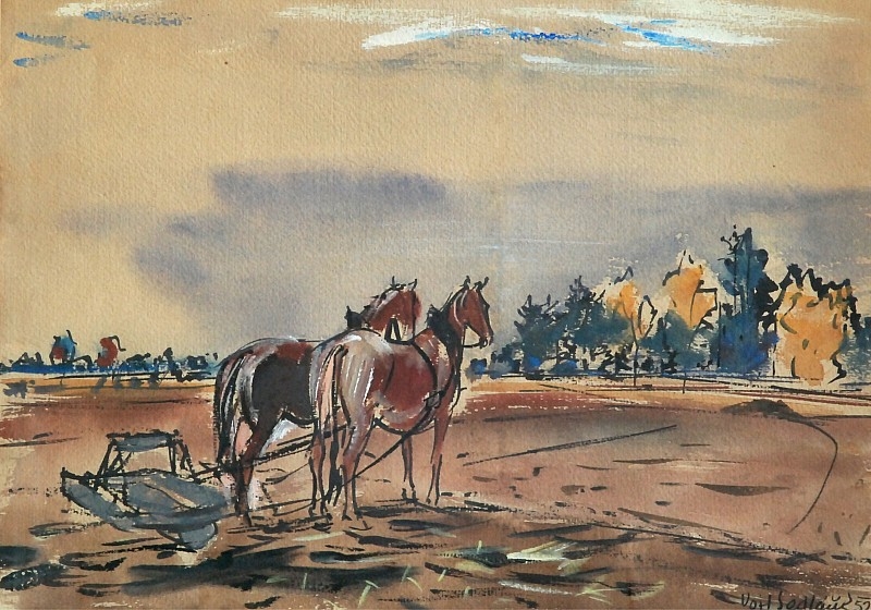 Artwork by Vojtěch Sedláček, Ploughing, Made of aquarelle, ink, white, paper