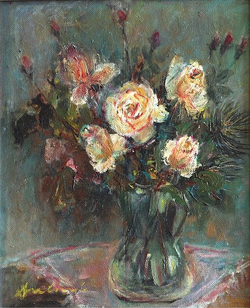 Artwork by Marie Dulavová, White roses, Made of oil, fibreboard
