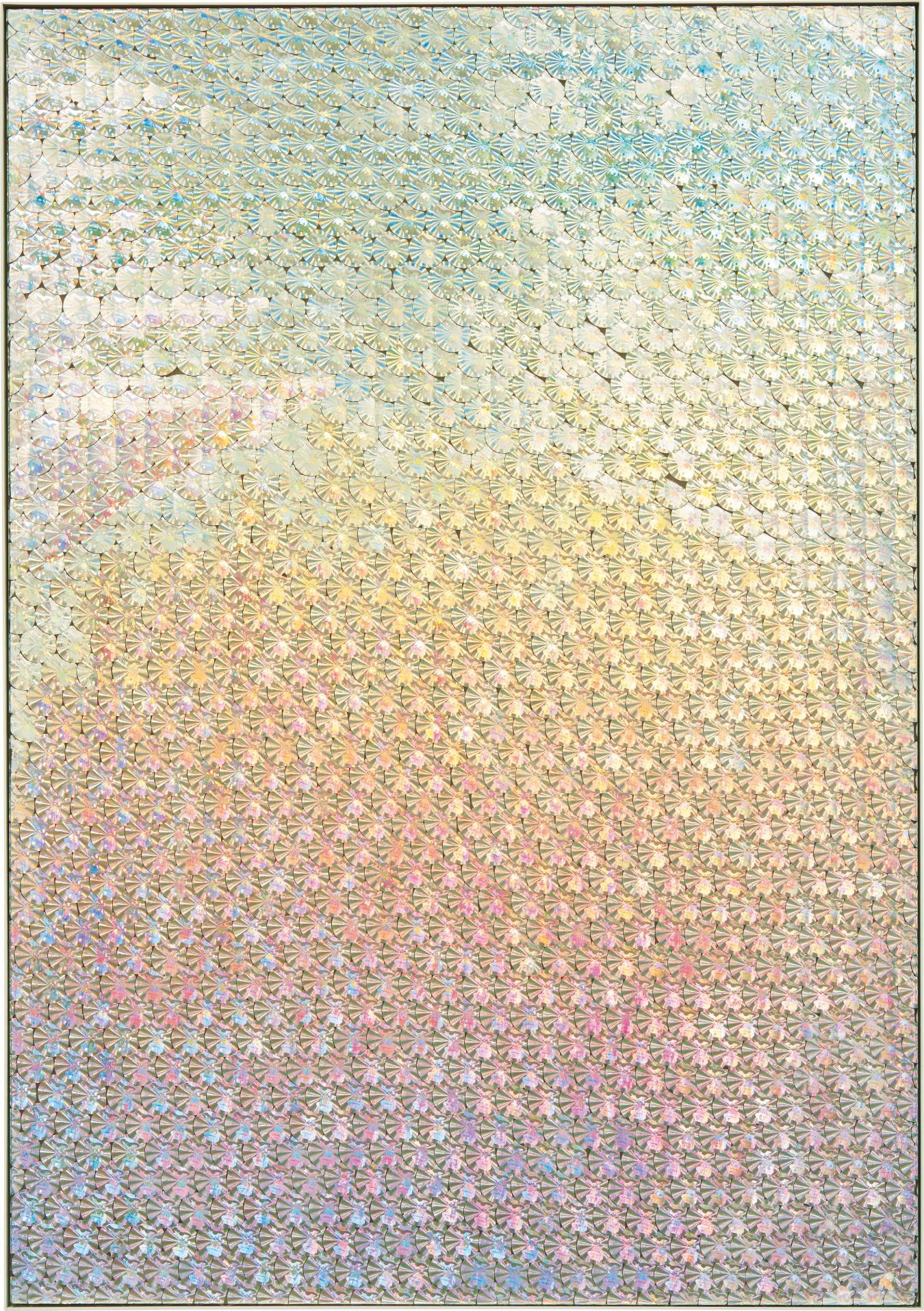 Artwork by Oliver Laric, ?? (Cha Cha), Made of tamper evident security hologram stickers on twin - wall polycarbonate sheet and airbrushed clear coating, in artist's frame