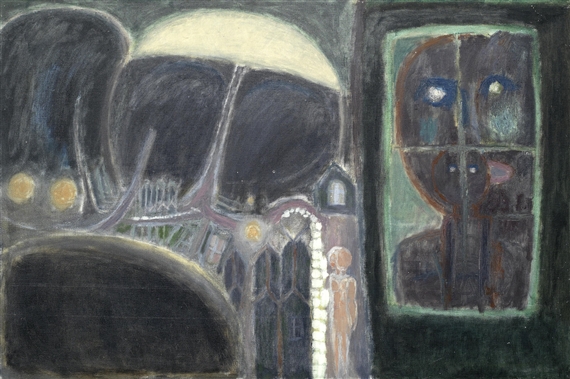 Figures in townscape at night by Ernest Zobole