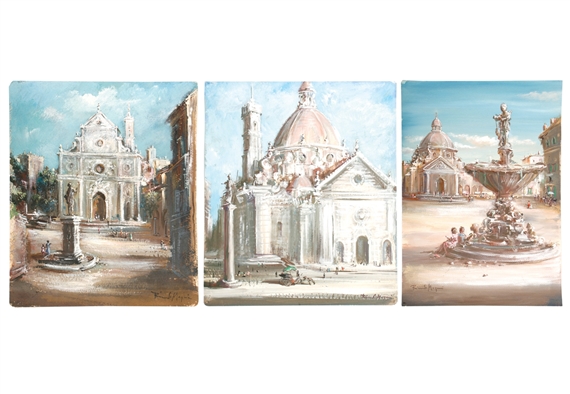 3 Works: Church Façade, Church Façade with Statute, Dome Basilica with Column by Riccardo Magni