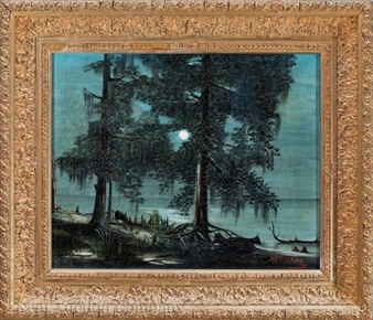 2 works: Cattle Grazing by the Shore, Pirogue Docked by the Wooden Bridge - George Gay