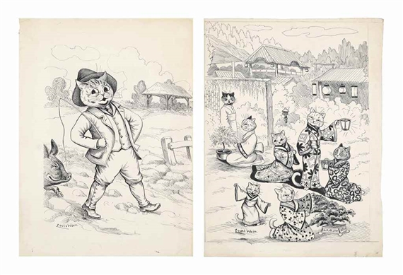 2 Works: The Farmer, Japanese Geishas by Louis Wain