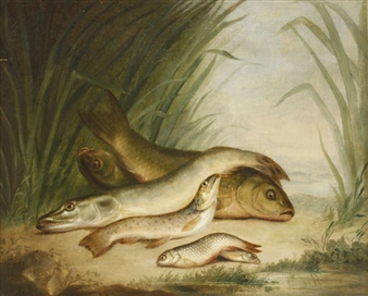 PIKE AND OTHER FISH ON A RIVER BANK - J. M. Child