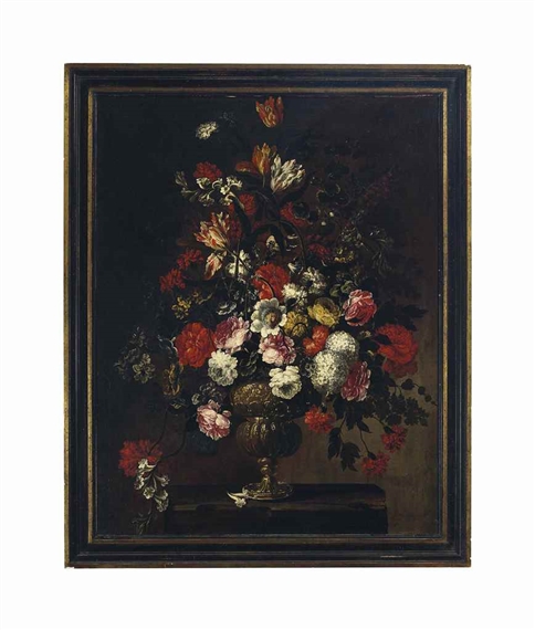 Roses, hydrangea, tulips and other flowers in an urn sitting on a table by Gasparo Lopez