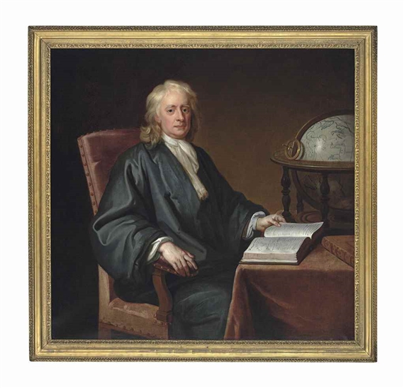 Portrait of Sir Isaac Newton, Kt. (1642-1727), three-quarter-length, in a white cravat and green cloak, seated at a table with a copy of The Principia and an astrological globe by Enoch Seeman
