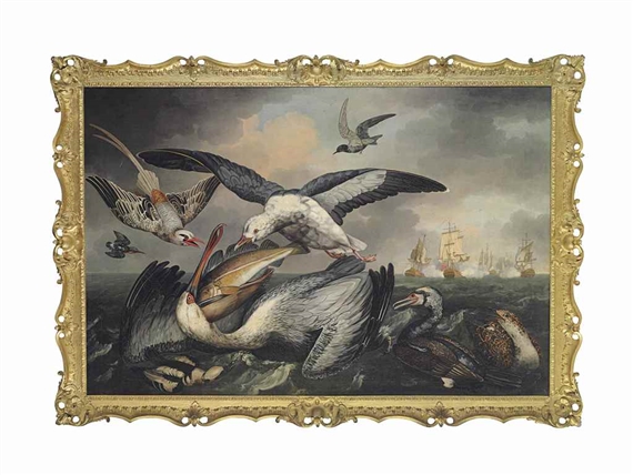 Artwork by Peter Paillou, A pelican with fish in its bill, a gull, a cormorant and other seabirds, with a sea battle in the distance, Made of oil on canvas