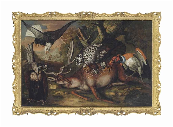 A golden eagle, a king vulture, a bald eagle and monk vulture attacking a fallow deer, with a skirmish and a burning village beyond by Peter Paillou