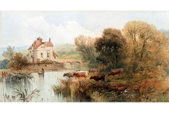 Artwork by Sophy S. Warren, Caversham Mill, Thames Valley  River landscape  with cattle watering, figure n boat   and bridge and building in background, Made of watercolour
