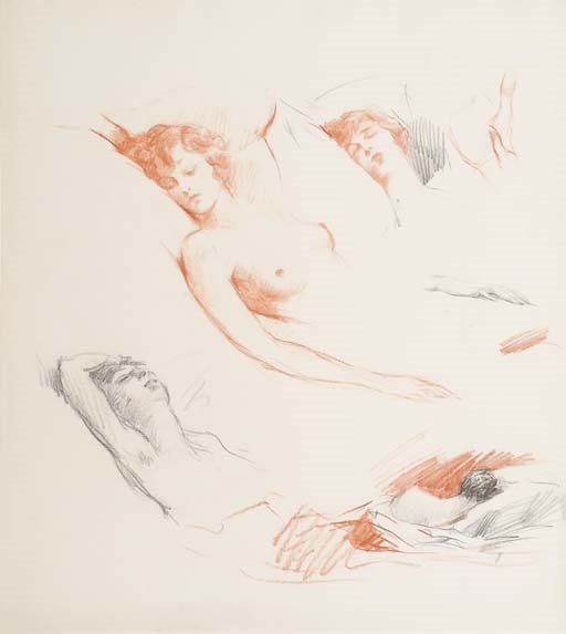 Artwork by Mihaly Munkacsy, Etudes de femme endormie, Made of Black and red chalk on paper