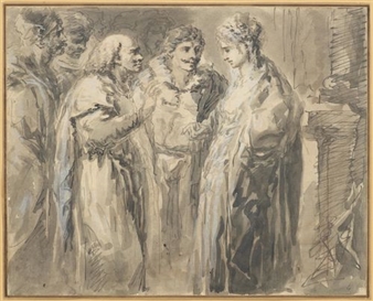 A theatre scene with a woman speaking to a group of men - Felix Christoph Cajetan Fuchs