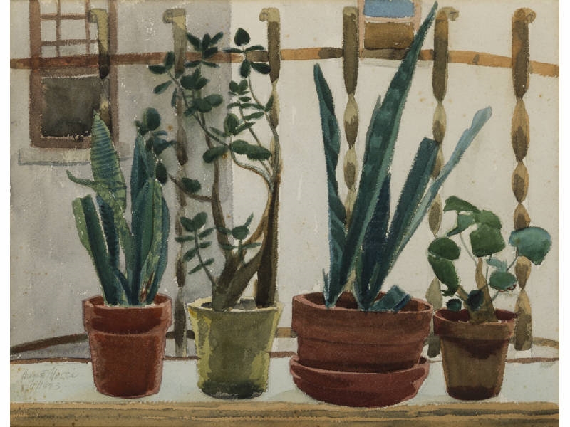 August Mosca | Potted Plants on Windowsill (1943) | MutualArt