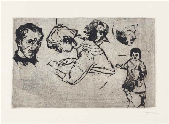 Quattro ritratti e un bambino by Umberto Boccioni, 1907-1909