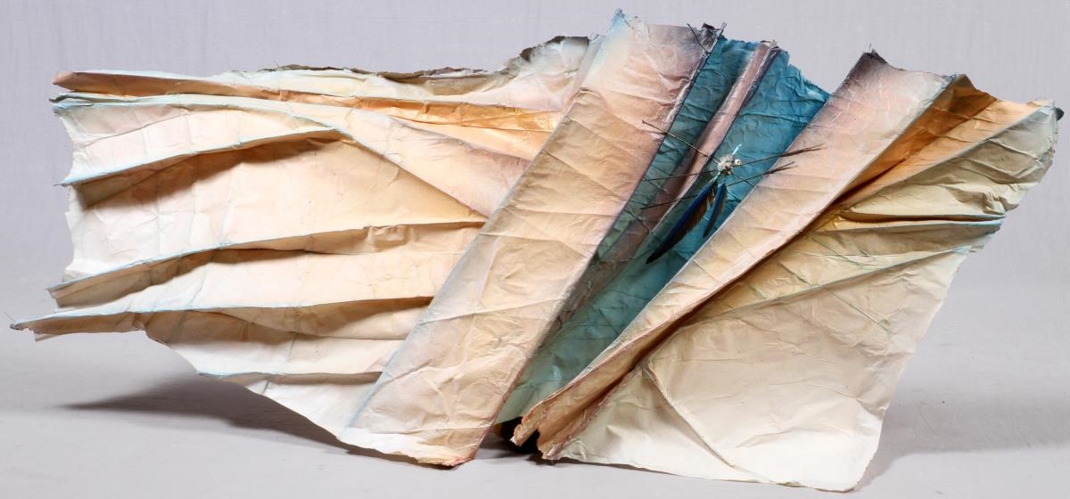 Artwork by Mary Jo Sinclair, CORAL PASS, Made of woven copper wire and handmade japanese paper in acrylic