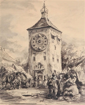 Felix Timmermans and figures in front of the Lier Zimmer tower - Karel Verelst