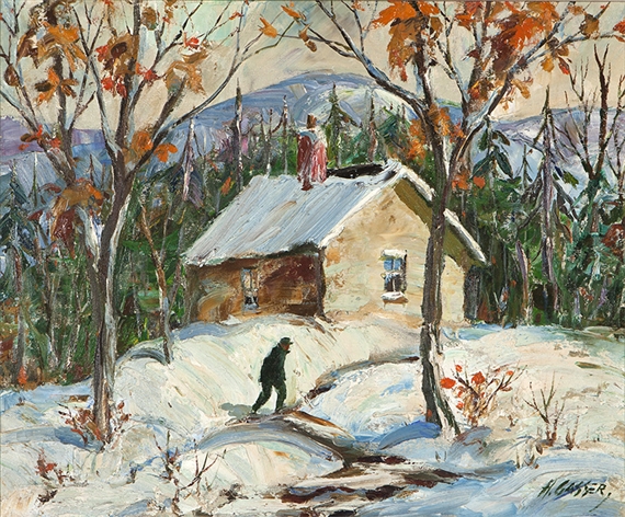 Winter Path, a figure walking by a cabin in the snow by Henry Martin Gasser