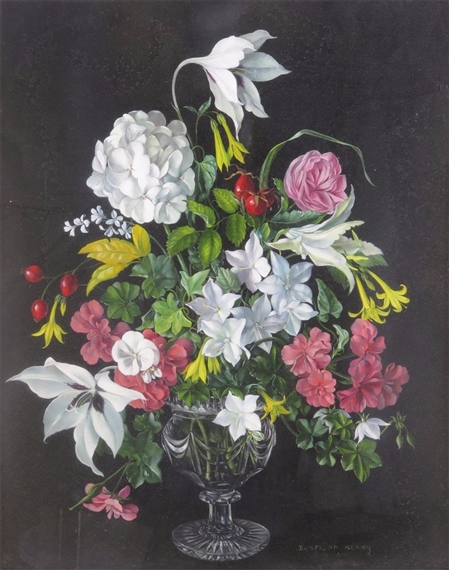Still life of summer flowers in a glass vase by Desmond Kenny
