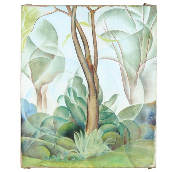 A stylized forest scene featuring a central tree and rounded foliage against a pale sky.