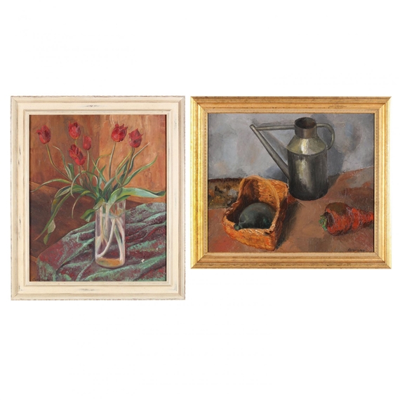Two framed still life paintings featuring a bouquet of red tulips and a metal watering can with woven basket.