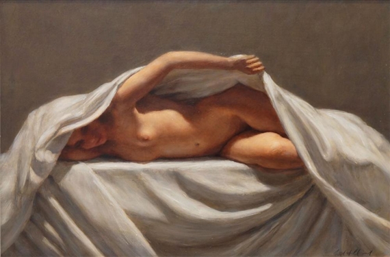 Reclining female nude with drapery by Harry Holland