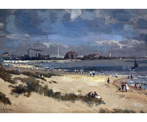Gorleston Beach scene with numerous Figures and distant Factories by Campbell A. Mellon