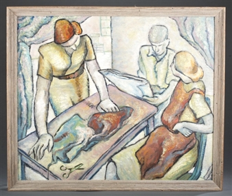Interior scene with three figures gathered around a table. - Isobelle Chestnut Reid
