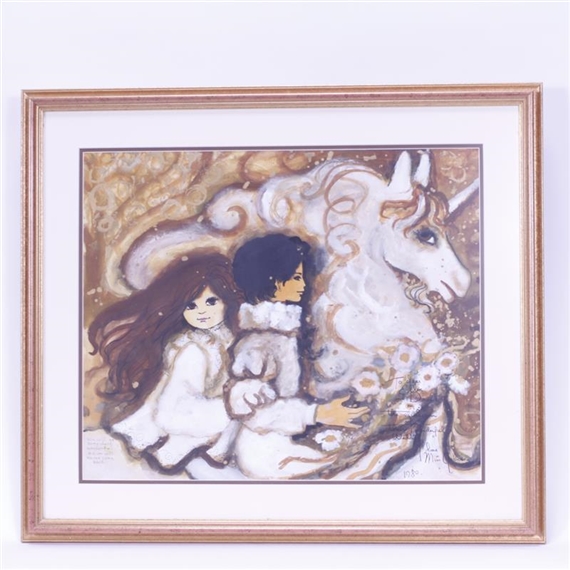 A whimsical illustration of a girl and a figure riding a unicorn in a dreamy, golden-hued landscape.