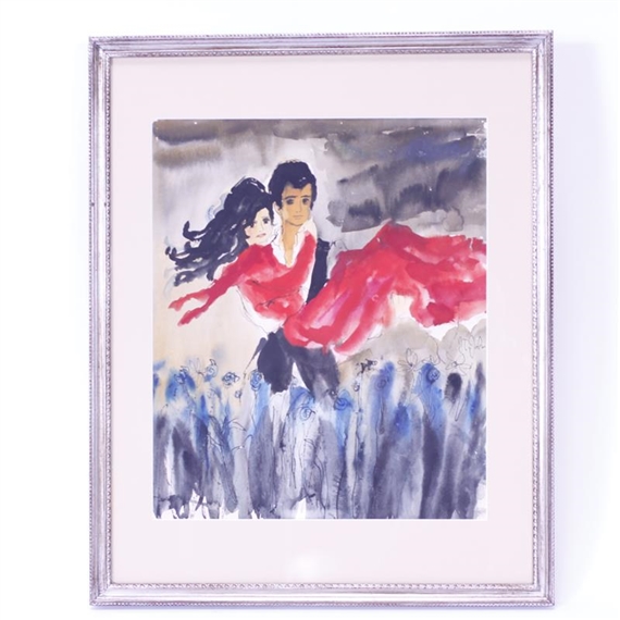 A watercolor painting of a couple dancing in a field of blue flowers, framed and displayed.