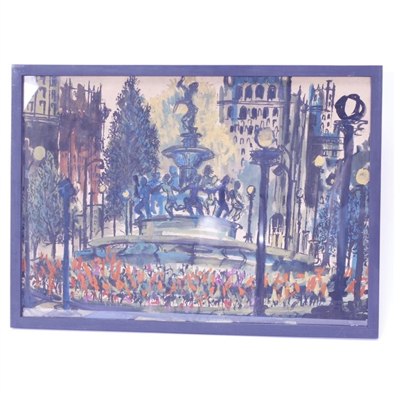 A vibrant watercolor cityscape featuring a central fountain with figures, surrounded by tall buildings and street lamps.