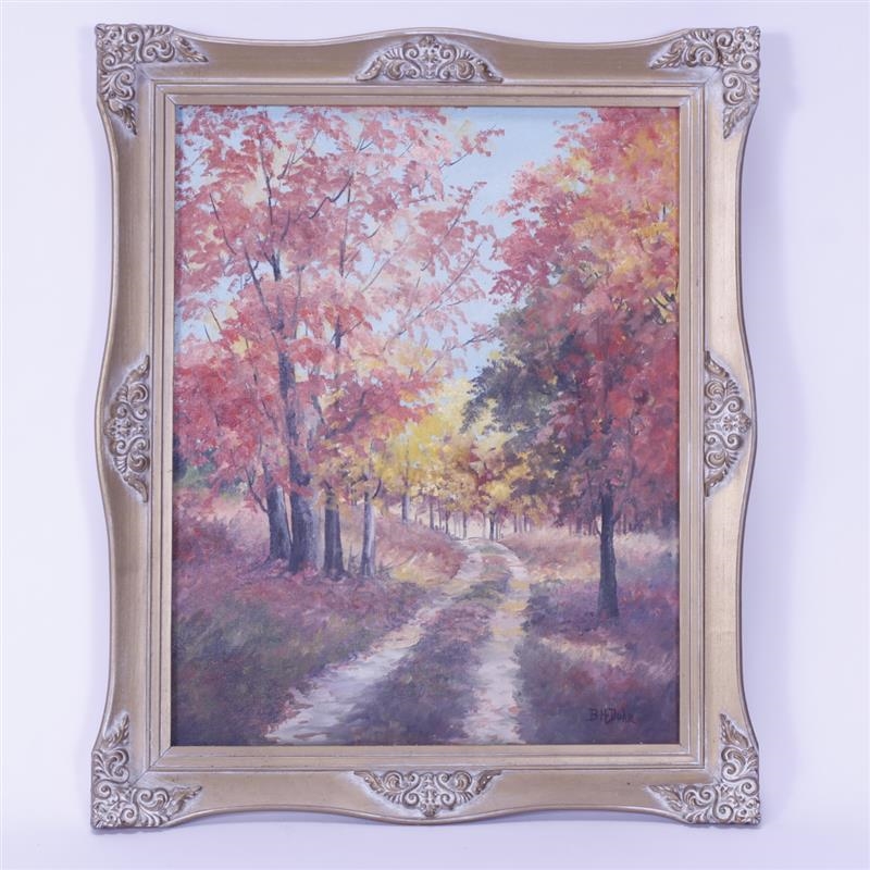 Artwork by Bertha Hatton Duke, Fall trees along road, Made of oil on canvas