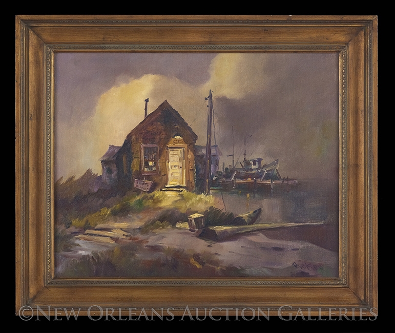 Robert Malcolm Rucker | Nocturnal Landscape with a Boathouse | MutualArt