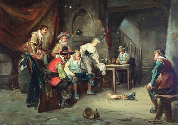 Luigi G. Boldero | Musketeers in the wine cellar at a cock fight ...