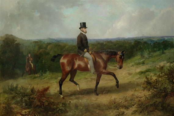 A Gentleman on a bay hunter in a woodland landscape by George Earl, 1872