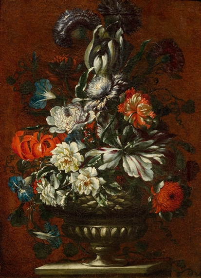 Still-life with flowers in a vase on a stone plinth