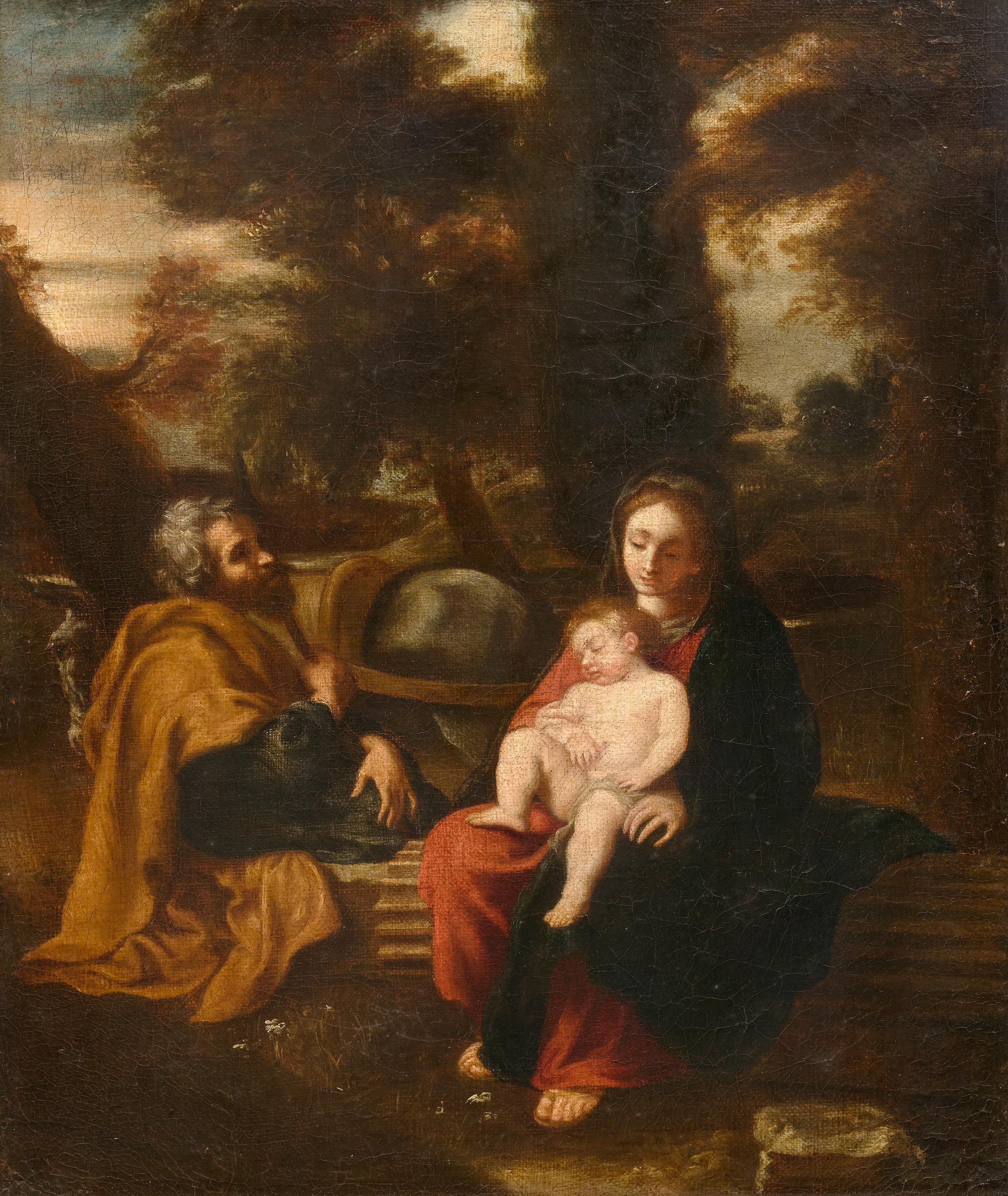 Artwork by Roman School, 17th Century, Rest on the Flight into Egypt, Made of Oil on canvas