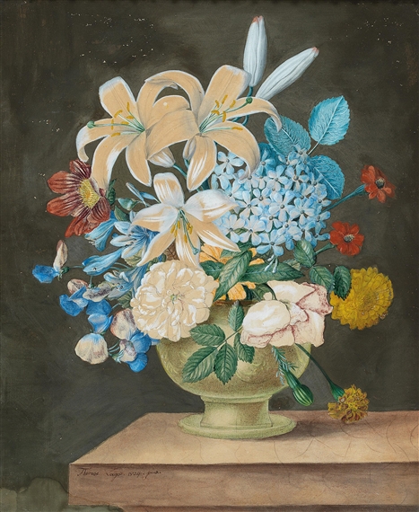 Two still-lifes with flower vases on tables, counterparts - Therese Baronne de Laga