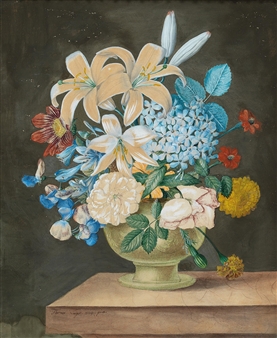 Two still-lifes with flower vases on tables, counterparts - Therese Baronne de Laga