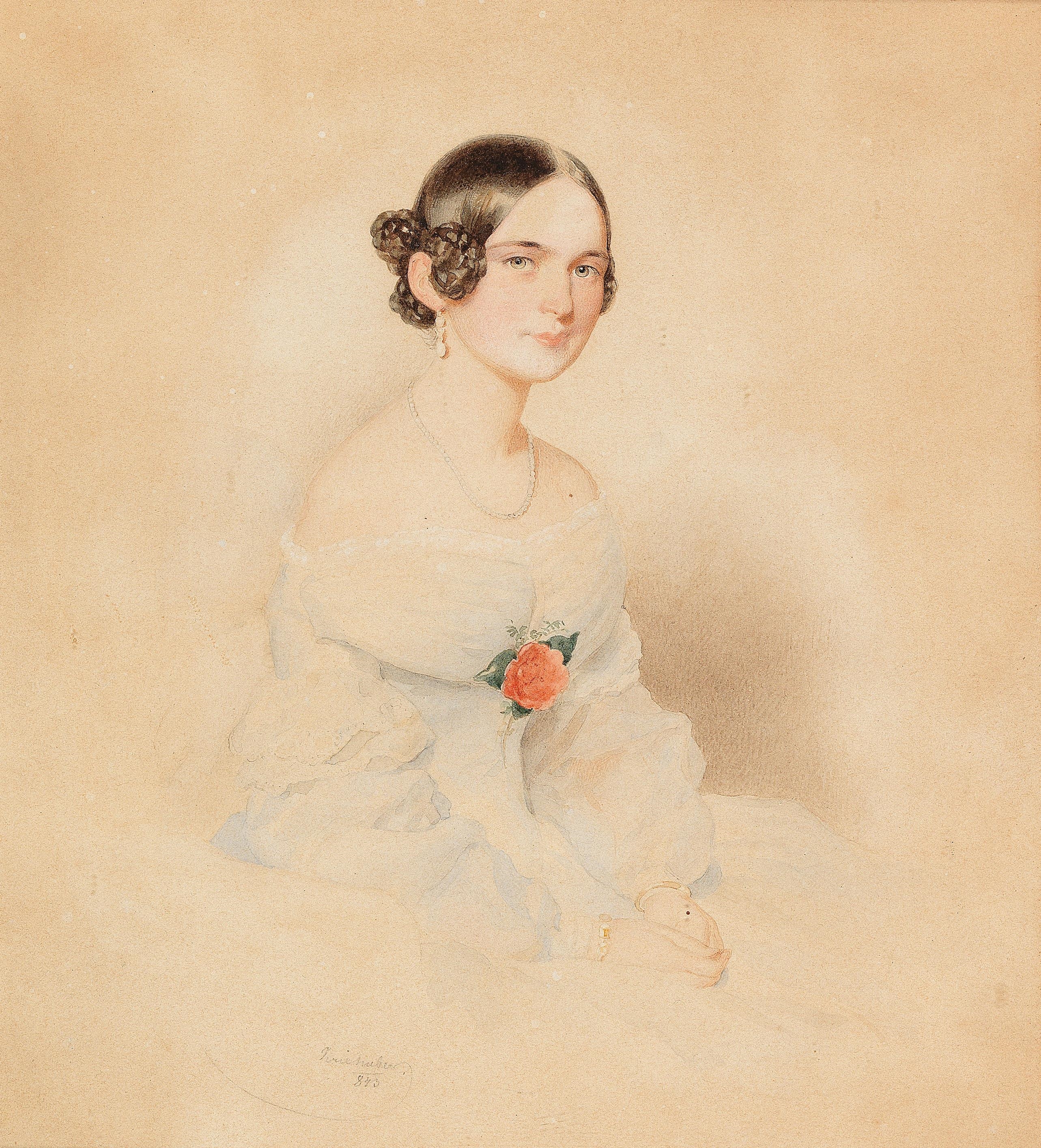 Artwork by Josef Kriehuber, A portrait of a young woman in a white dress, with a plaited coiffure and a red rose, Made of watercolor on paper